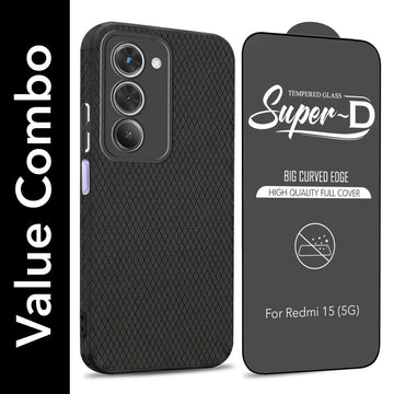 For Redmi 15 Combo with Back Cover and 9H Tempered Glass (Liquid Silicone | Camera Protection | Oleophobic Coating Screen Glass)