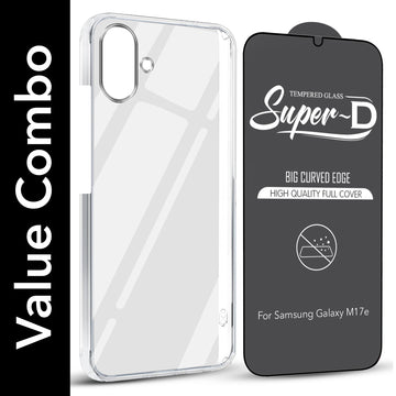 For Samsung Galaxy M17e Combo with Back Cover and 9H Tempered Glass (Lifetime Anti-Yellow | Sleek Hard Crystal | Oleophobic Coating Screen Glass)