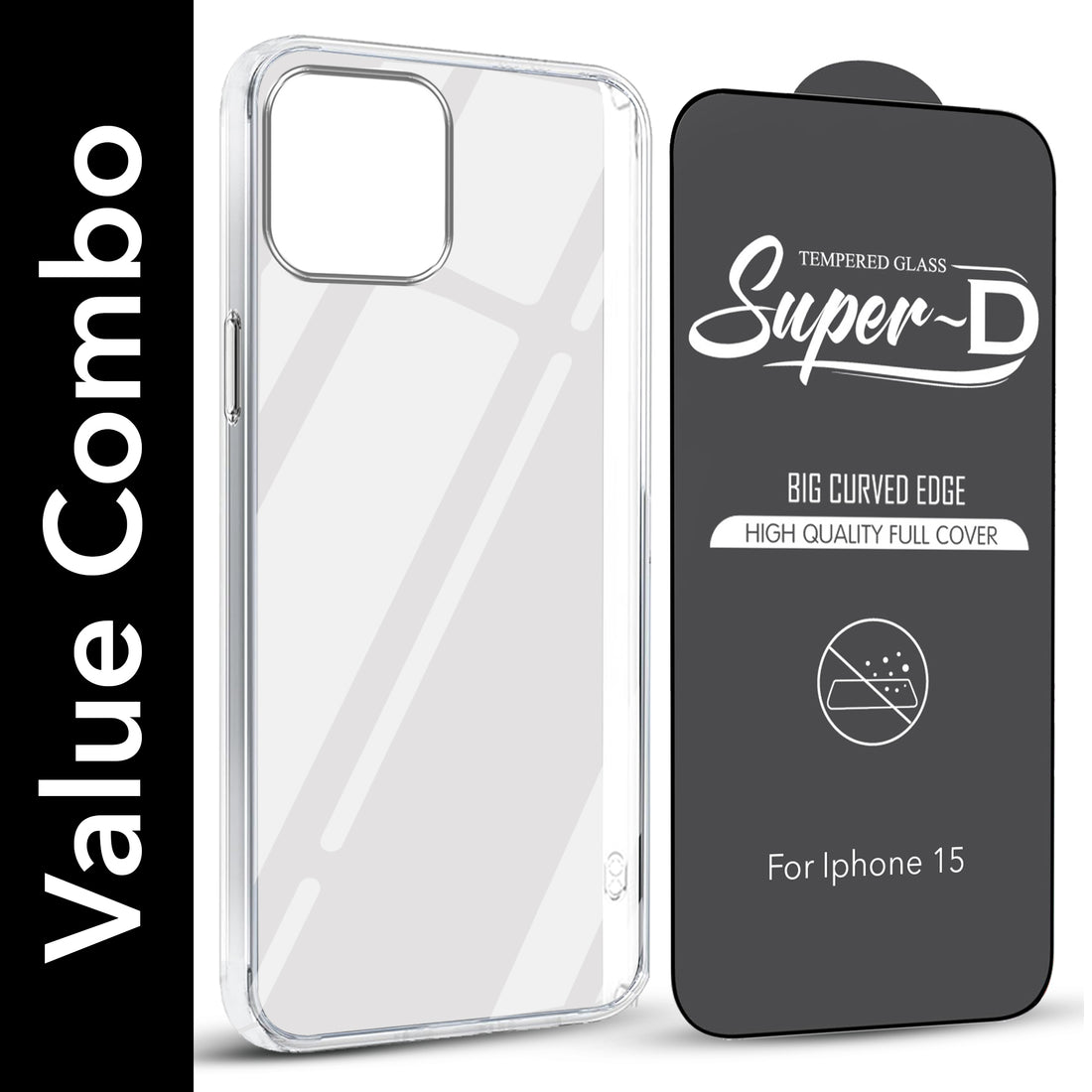 For Apple iPhone 15 Combo with Back Cover and 9H Tempered Glass (Lifetime Anti-Yellow | Sleek Hard Crystal | Oleophobic Coating Screen Glass)