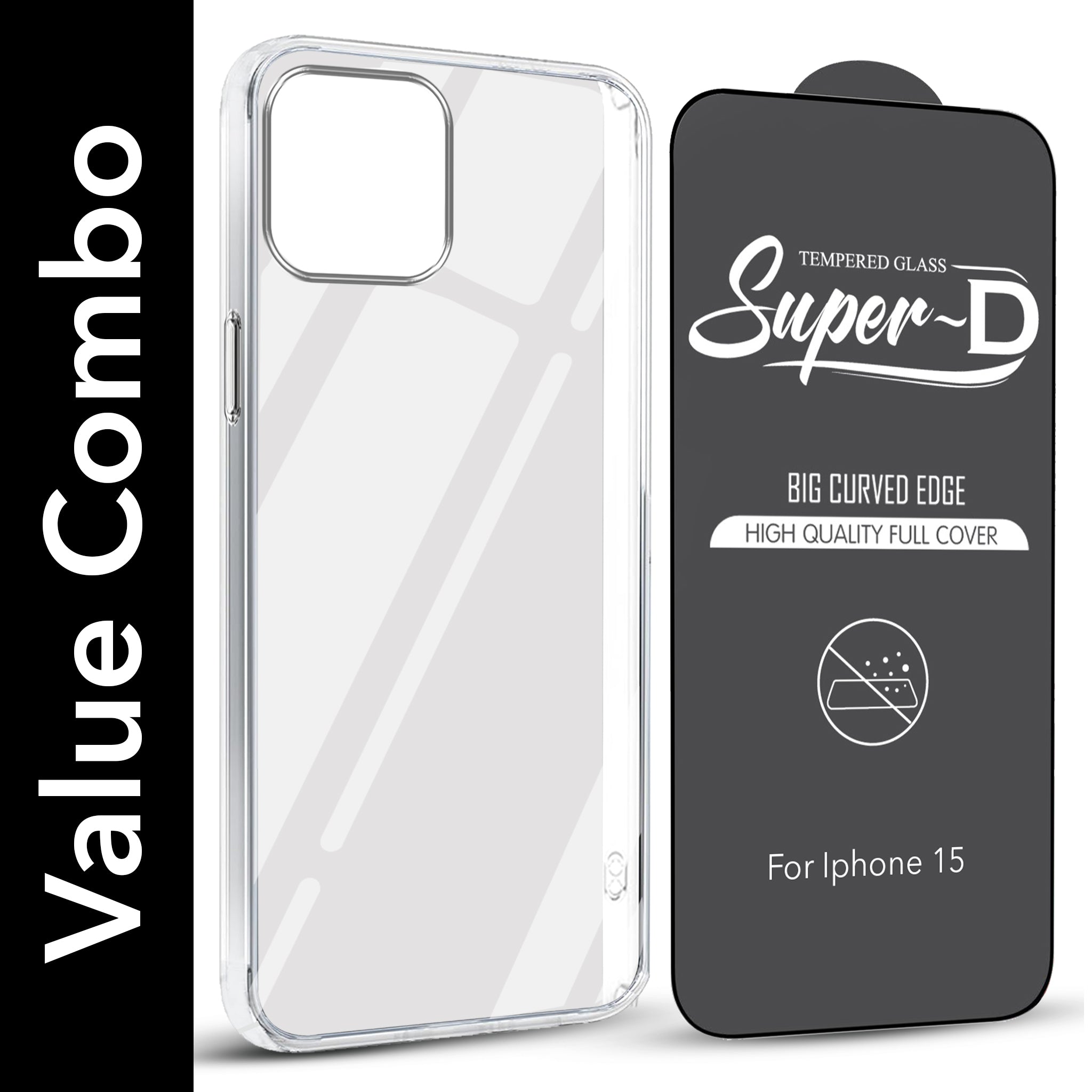 For Apple iPhone 15 Combo with Back Cover and 9H Tempered Glass (Lifetime Anti-Yellow | Sleek Hard Crystal | Oleophobic Coating Screen Glass)