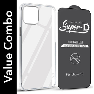 For Apple iPhone 15 Combo with Back Cover and 9H Tempered Glass (Lifetime Anti-Yellow | Sleek Hard Crystal | Oleophobic Coating Screen Glass)