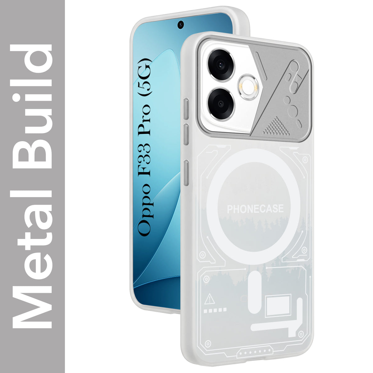 For Oppo F33 Pro 5G Metallic Back Cover Case (Metallic Camera Protection & Buttons | Translucent Milky Shade | Hard Polycarbonate)