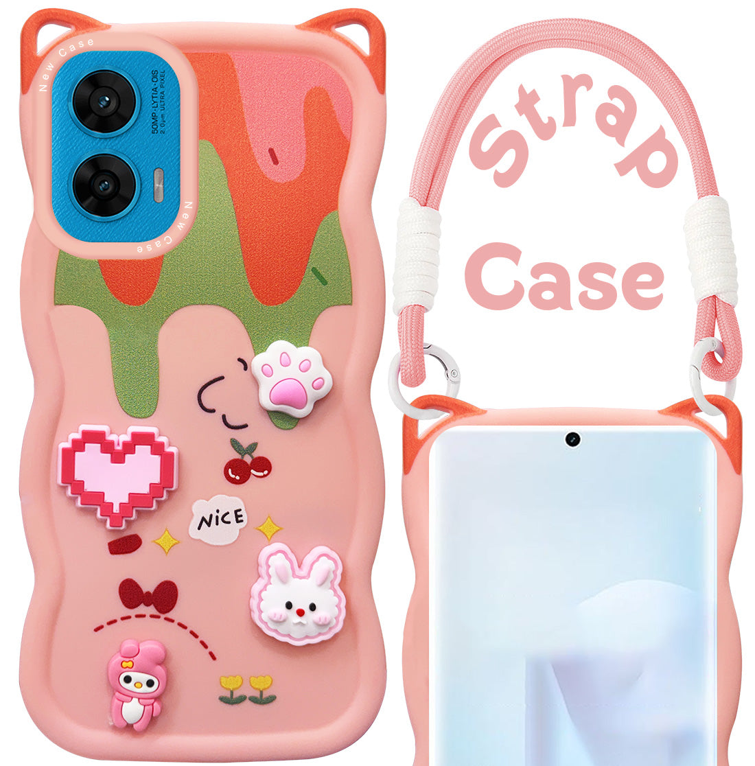 For Motorola Moto G96 Back Case Cover Strap (3D embossed Figures | Strap Holder | 360* Soft Cushion with Camera Bump)