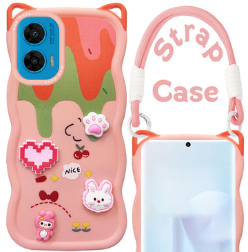 For Motorola Moto G96 Back Case Cover Strap (3D embossed Figures | Strap Holder | 360* Soft Cushion with Camera Bump)