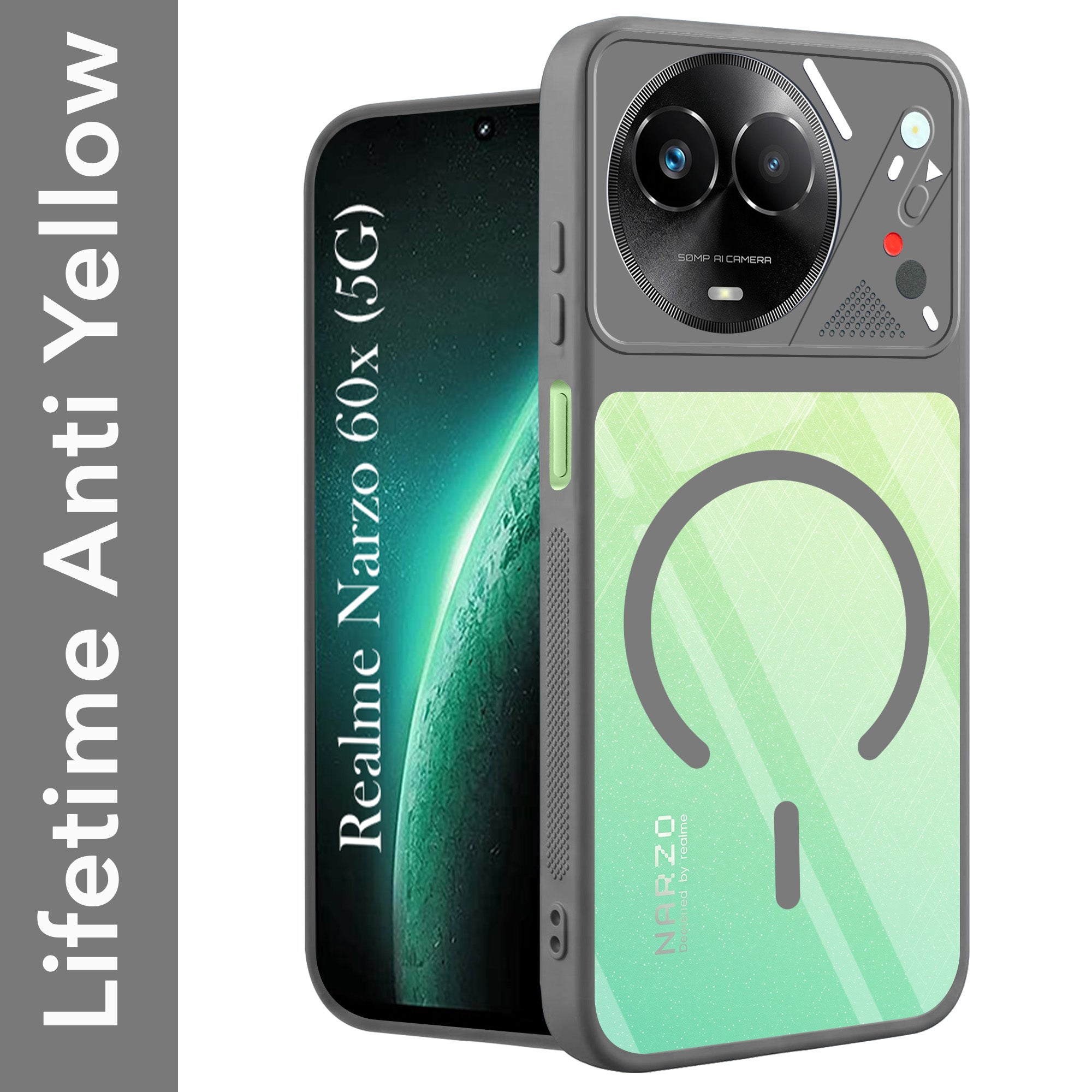For Realme Narzo 60x Back Cover Case Lifetime Anti-Yellow Clear (Camera Protection | Side Grip | Wireless MagSafe Compatible)