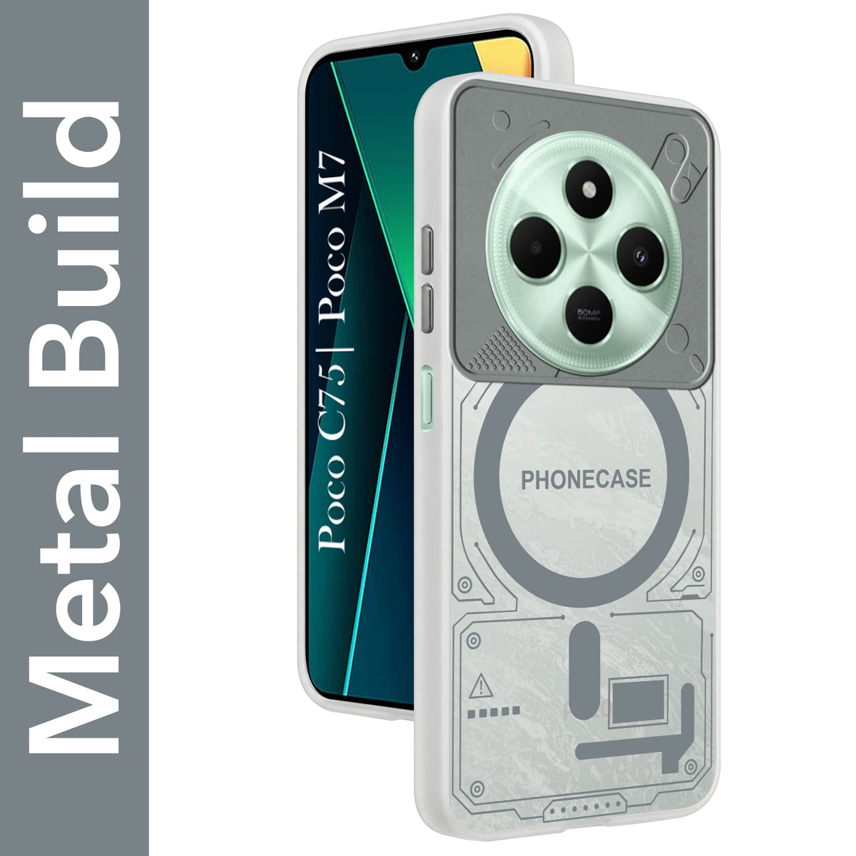 For Poco C75 | Poco M7 Metallic Back Cover Case (Metallic Camera Protection & Buttons | Translucent Milky Shade | Hard Polycarbonate)