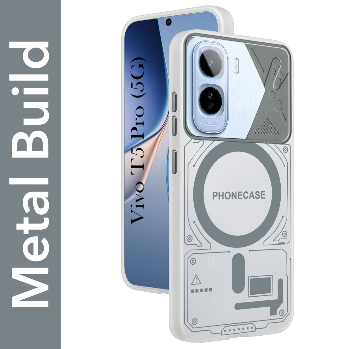 For Vivo T5 Pro 5G Metallic Back Cover Case (Metallic Camera Protection & Buttons | Translucent Milky Shade | Hard Polycarbonate)