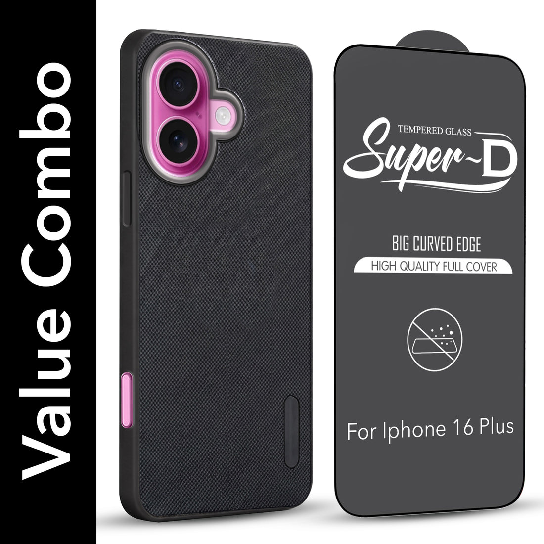 For Apple iPhone 16 Plus Combo with Back Cover and 9H Tempered Glass (Textured Grip Design | Micro-Fiber Cloth Inside | Oleophobic Coating Screen Glass)