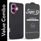 For Apple iPhone 16 Plus Combo with Back Cover and 9H Tempered Glass (Textured Grip Design | Micro-Fiber Cloth Inside | Oleophobic Coating Screen Glass)