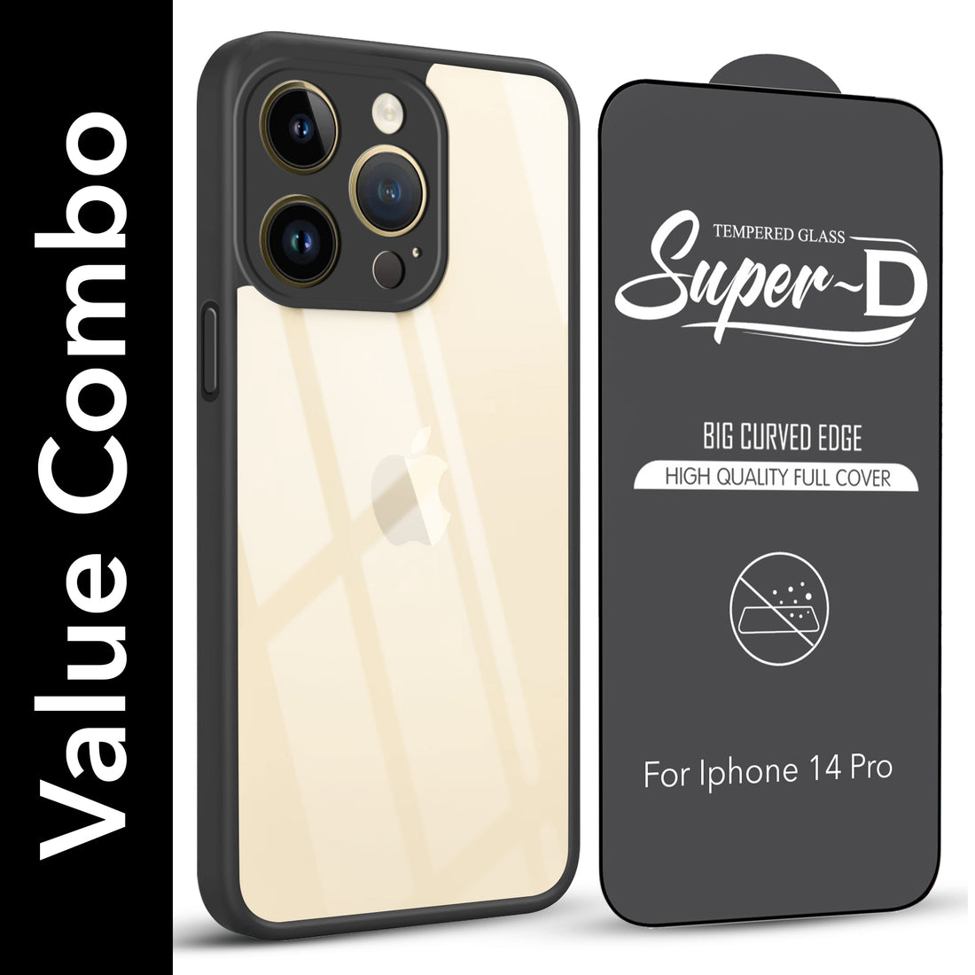 For Apple iPhone 14 Pro Combo with Back Cover and 9H Tempered Glass (Lifetime Anti-Yellow | Crystal Clear Shockproof | Oleophobic Coating Screen Glass)