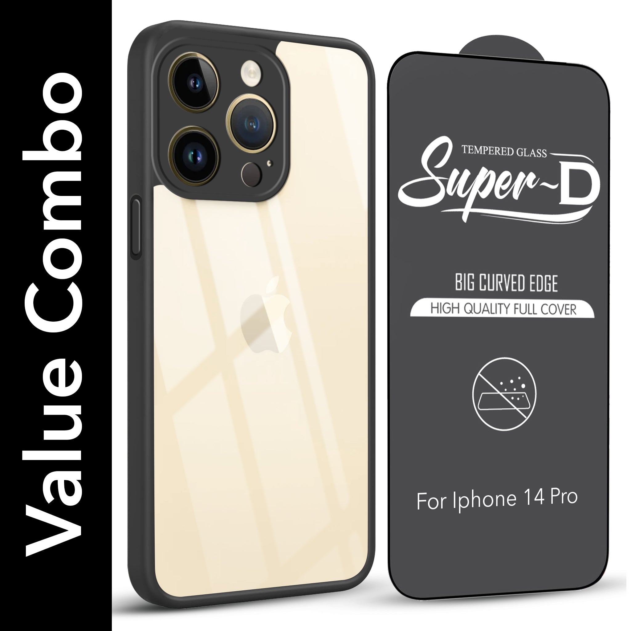 For Apple iPhone 14 Pro Combo with Back Cover and 9H Tempered Glass (Lifetime Anti-Yellow | Crystal Clear Shockproof | Oleophobic Coating Screen Glass)