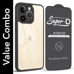 For Apple iPhone 14 Pro Combo with Back Cover and 9H Tempered Glass (Lifetime Anti-Yellow | Crystal Clear Shockproof | Oleophobic Coating Screen Glass)