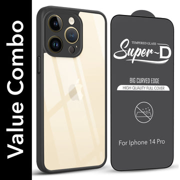For Apple iPhone 14 Pro Combo with Back Cover and 9H Tempered Glass (Lifetime Anti-Yellow | Crystal Clear Shockproof | Oleophobic Coating Screen Glass)