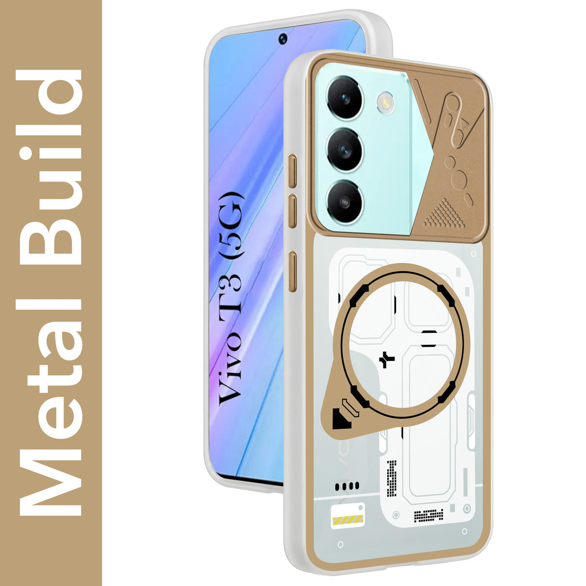For Vivo T3 5G Metallic Back Cover Case (Metallic Camera Protection & Buttons | Translucent Milky Shade | Hard Polycarbonate)