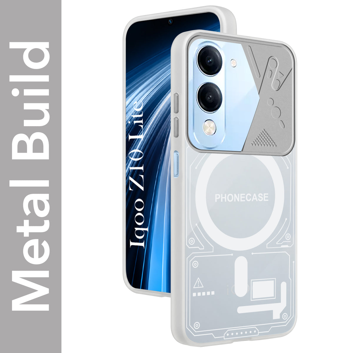 For Vivo iQOO Z10 Lite Metallic Back Cover Case (Metallic Camera Protection & Buttons | Translucent Milky Shade | Hard Polycarbonate)
