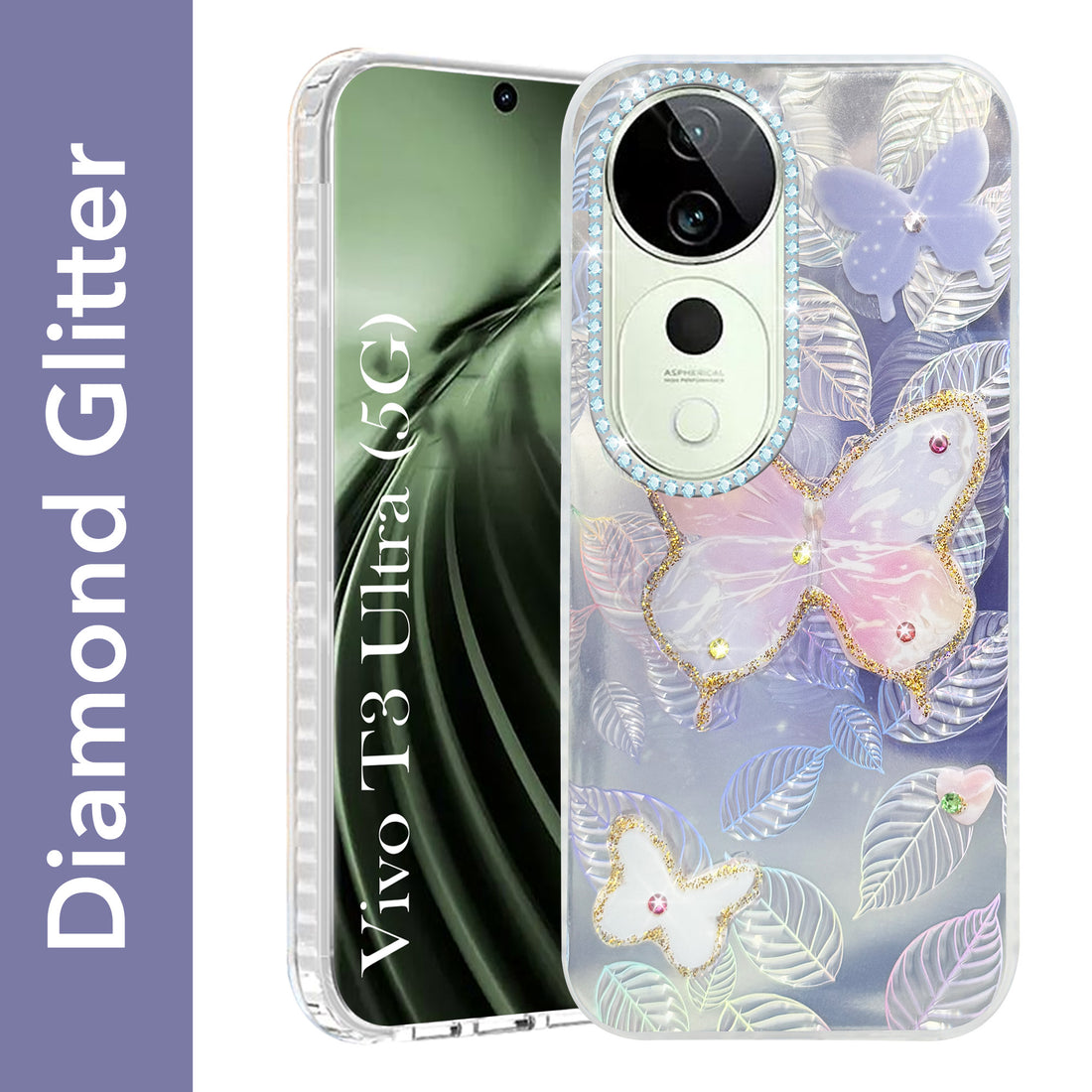 For Vivo T3 Ultra Back Cover Case (Luxury Floral Glitter Cute Butterfly | Diamond Studded Camera Bump | Girls & Women Design)
