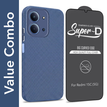 For Redmi 15C Combo with Back Cover and 9H Tempered Glass (Liquid Silicone | Camera Protection | Oleophobic Coating Screen Glass)
