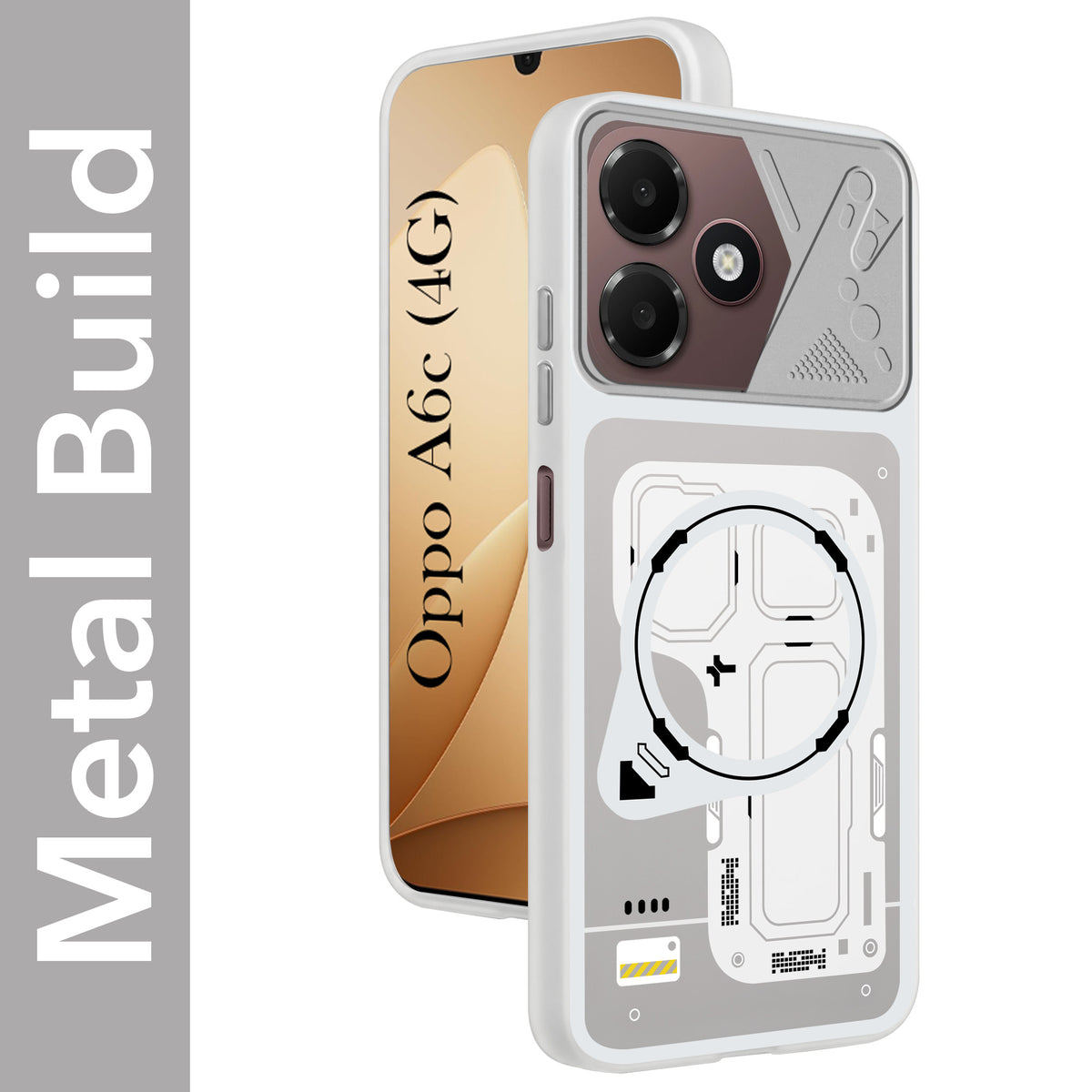 For Oppo A6c 4G Metallic Back Cover Case (Metallic Camera Protection & Buttons | Translucent Milky Shade | Hard Polycarbonate)