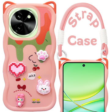 For Vivo T3X 5G Back Case Cover Strap (3D Embossed Figures | Strap Holder | 360* Soft Cushion with Camera Bump)