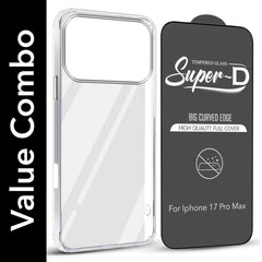 For Apple iPhone 17 Pro Max Combo with Back Cover and 9H Tempered Glass (Lifetime Anti-Yellow | Sleek Hard Crystal | Oleophobic Coating Screen Glass)