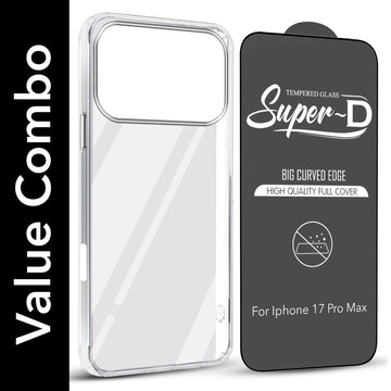 For Apple iPhone 17 Pro Max Combo with Back Cover and 9H Tempered Glass (Lifetime Anti-Yellow | Sleek Hard Crystal | Oleophobic Coating Screen Glass)