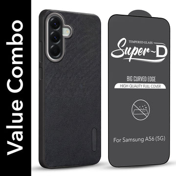 For Samsung Galaxy A56 Combo with Back Cover and 9H Tempered Glass (Textured Grip Design | Micro-Fiber Cloth Inside | Oleophobic Coating Screen Glass)