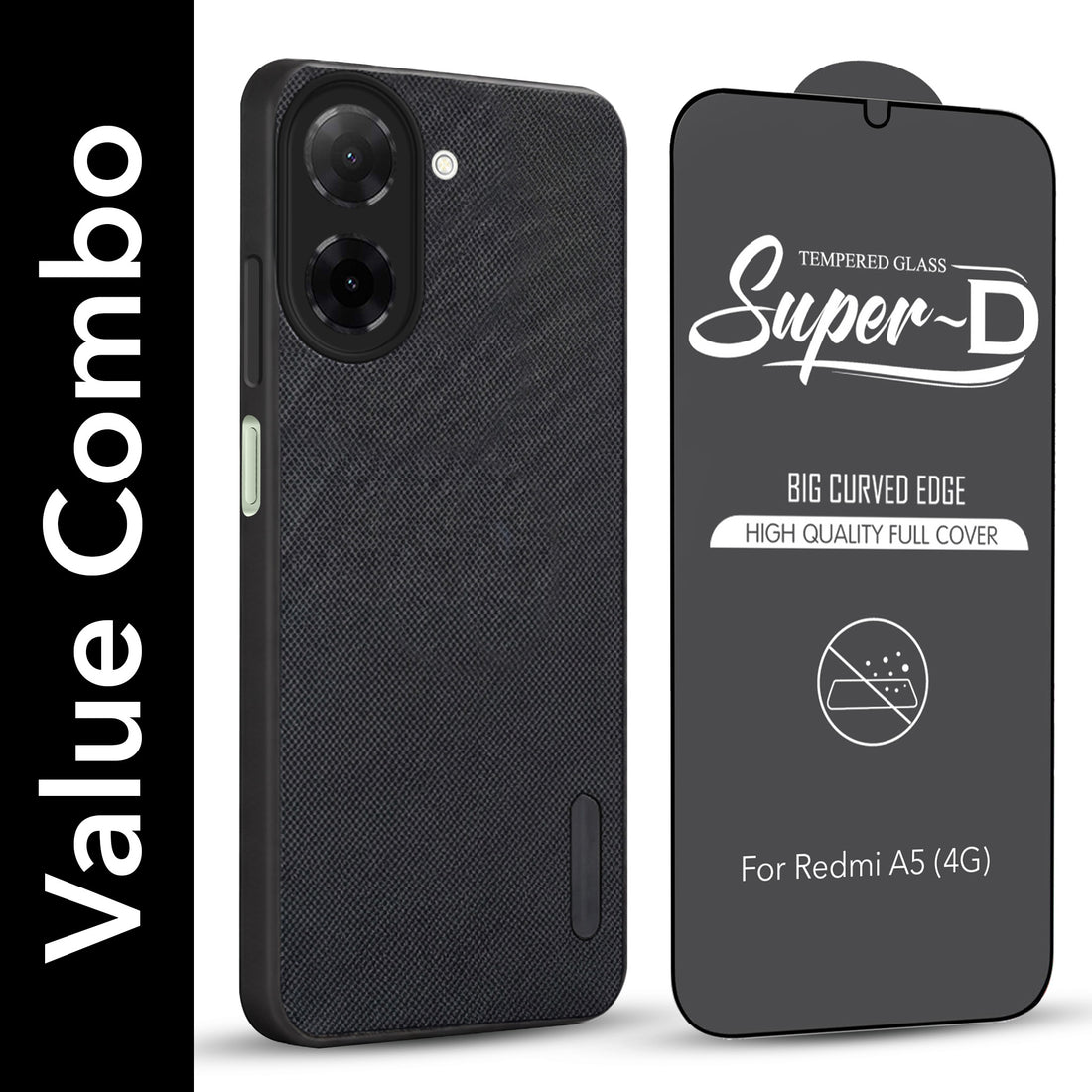 For Redmi A5 4G Combo with Back Cover and 9H Tempered Glass (Textured Grip Design | Micro-Fiber Cloth Inside | Oleophobic Coating Screen Glass)