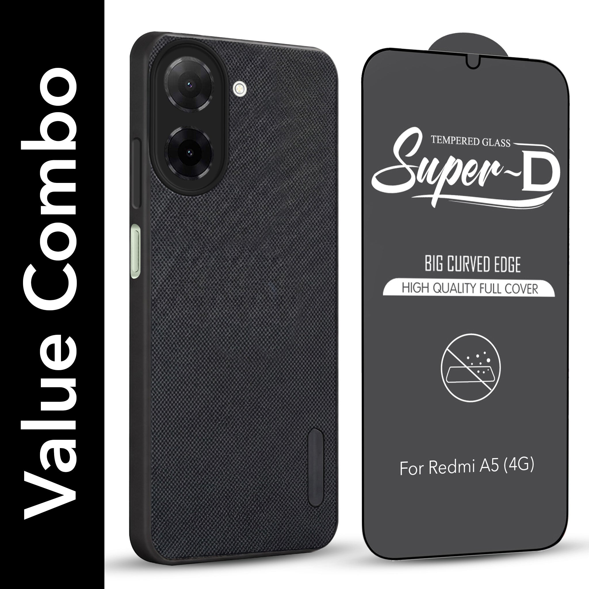 For Redmi A5 4G Combo with Back Cover and 9H Tempered Glass (Textured Grip Design | Micro-Fiber Cloth Inside | Oleophobic Coating Screen Glass)