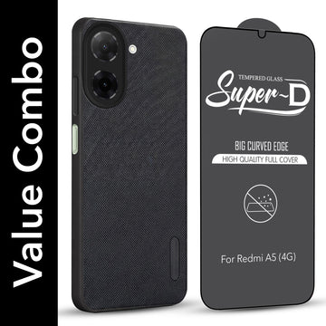 For Redmi A5 4G Combo with Back Cover and 9H Tempered Glass (Textured Grip Design | Micro-Fiber Cloth Inside | Oleophobic Coating Screen Glass)