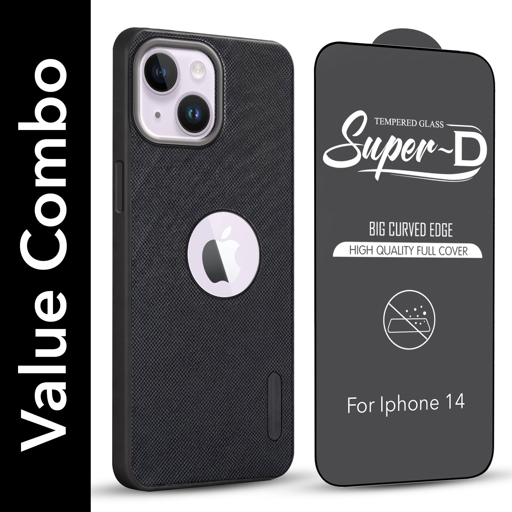 For Apple iPhone 14 Combo with Back Cover and 9H Tempered Glass (Textured Grip Design | Micro-Fiber Cloth Inside | Oleophobic Coating Screen Glass)