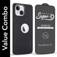 For Apple iPhone 14 Combo with Back Cover and 9H Tempered Glass (Textured Grip Design | Micro-Fiber Cloth Inside | Oleophobic Coating Screen Glass)