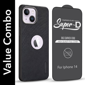 For Apple iPhone 14 Combo with Back Cover and 9H Tempered Glass (Textured Grip Design | Micro-Fiber Cloth Inside | Oleophobic Coating Screen Glass)