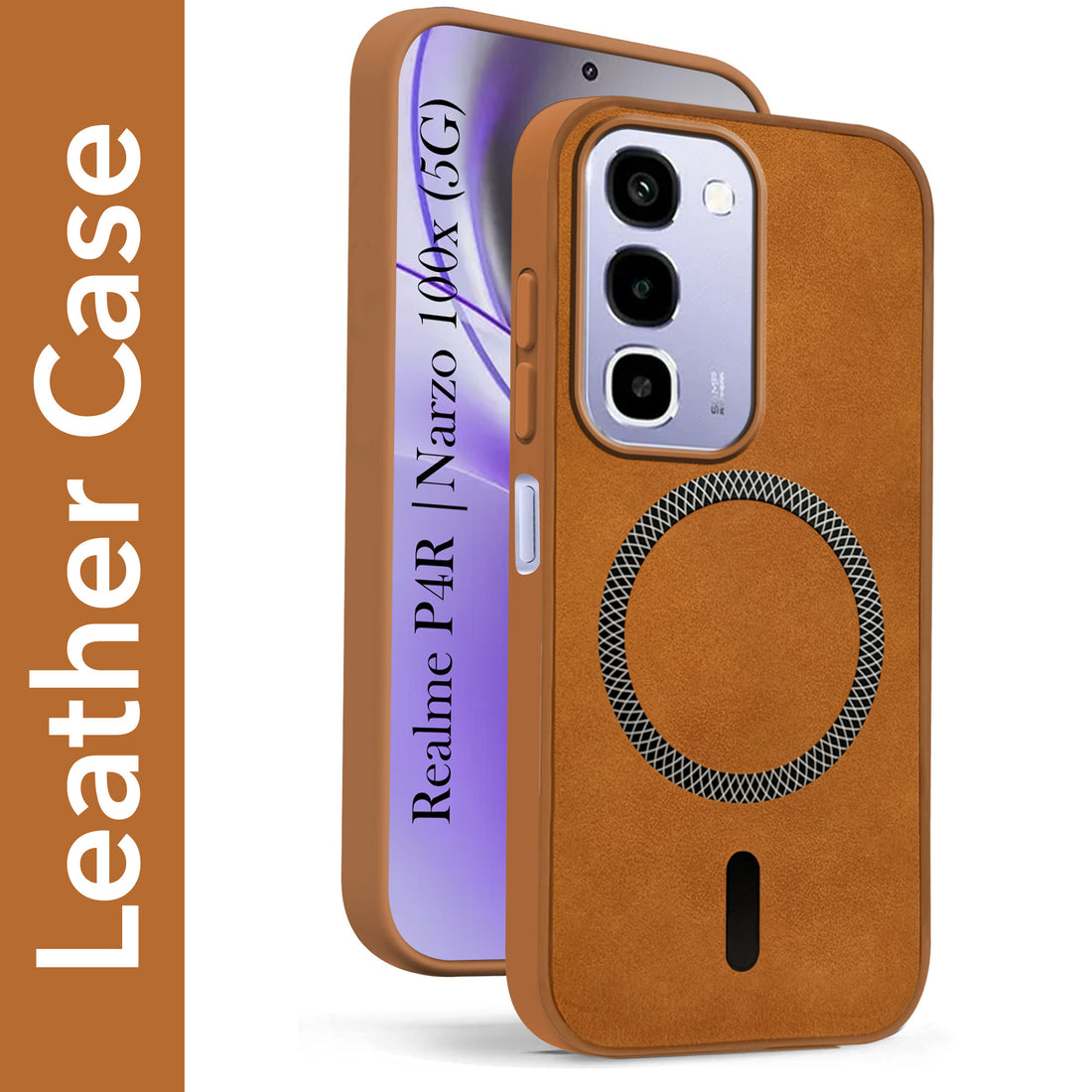 For Realme P4R 5G | Realme Narzo 100X 5G Back Cover Case Leather Finish (MagSafe Compatible Wireless Charging | Soft Touch | Camera Bump Protection)