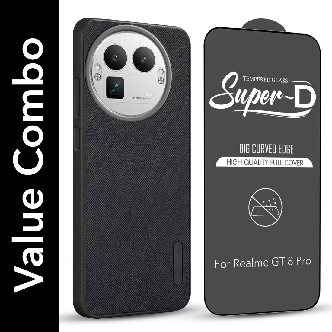 For Realme GT 8 Pro Combo with Back Cover and 9H Tempered Glass (Textured Grip Design | Micro-Fiber Cloth Inside | Oleophobic Coating Screen Glass)