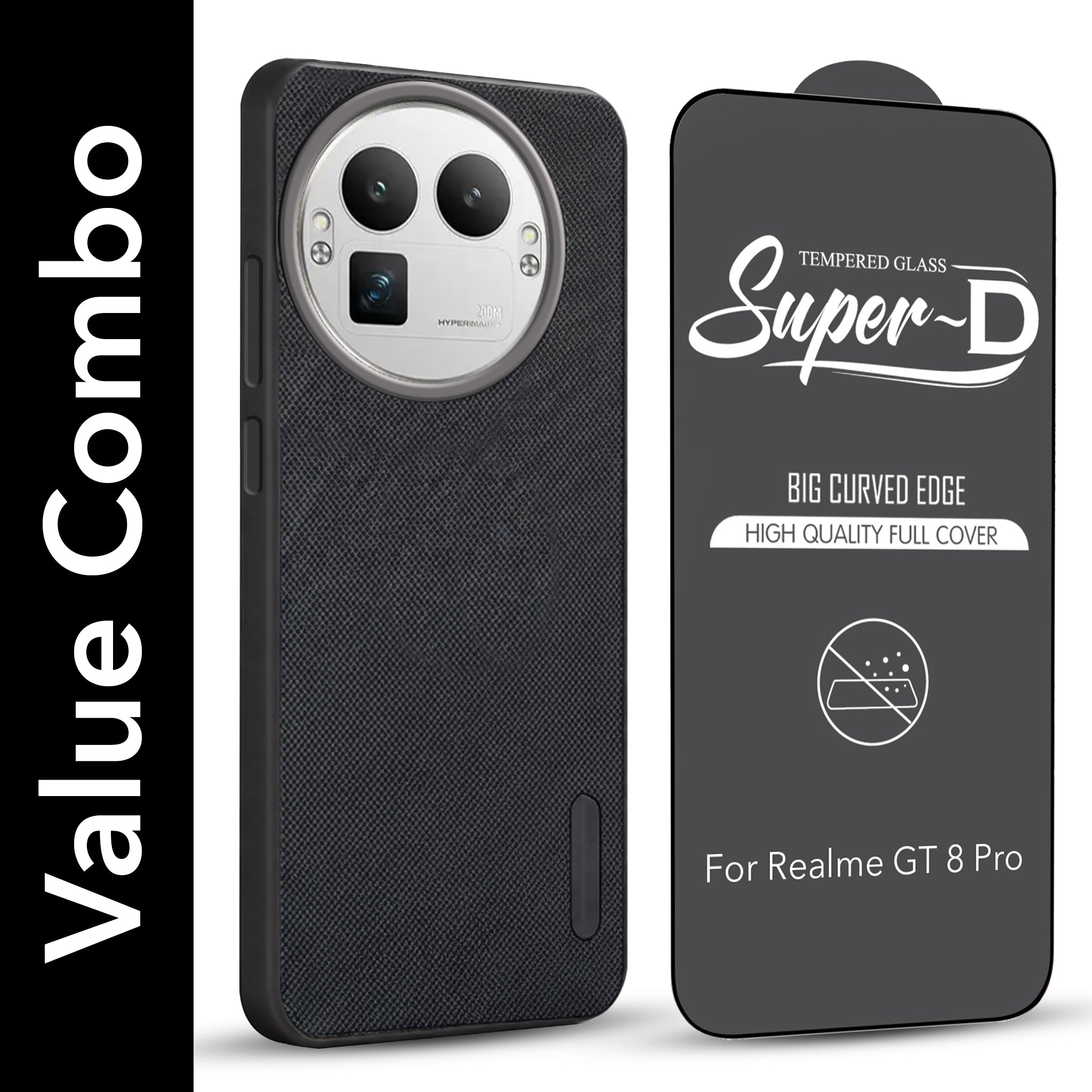 For Realme GT 8 Pro Combo with Back Cover and 9H Tempered Glass (Textured Grip Design | Micro-Fiber Cloth Inside | Oleophobic Coating Screen Glass)
