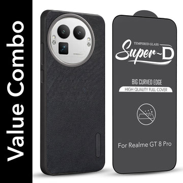 For Realme GT 8 Pro Combo with Back Cover and 9H Tempered Glass (Textured Grip Design | Micro-Fiber Cloth Inside | Oleophobic Coating Screen Glass)