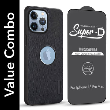 For Apple iPhone 13 Pro Max Combo with Back Cover and 9H Tempered Glass (Textured Grip Design | Micro-Fiber Cloth Inside | Oleophobic Coating Screen Glass)