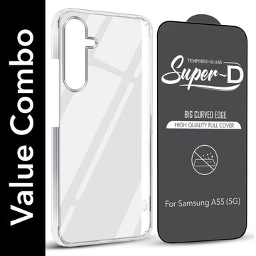 For Samsung Galaxy A55 5G Combo with Back Cover and 9H Tempered Glass (Lifetime Anti-Yellow | Sleek Hard Crystal | Oleophobic Coating Screen Glass)