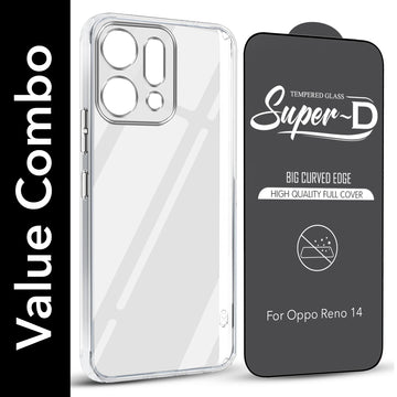 For Oppo Reno14 5G | Oppo Reno 14 5G Combo with Back Cover and 9H Tempered Glass (Lifetime Anti-Yellow | Sleek Hard Crystal | Oleophobic Coating Screen Glass)
