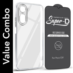 For Poco C81 5G Combo with Back Cover and 9H Tempered Glass (Lifetime Anti-Yellow | Sleek Hard Crystal | Oleophobic Coating Screen Glass)
