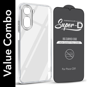 For Poco C81 5G Combo with Back Cover and 9H Tempered Glass (Lifetime Anti-Yellow | Sleek Hard Crystal | Oleophobic Coating Screen Glass)
