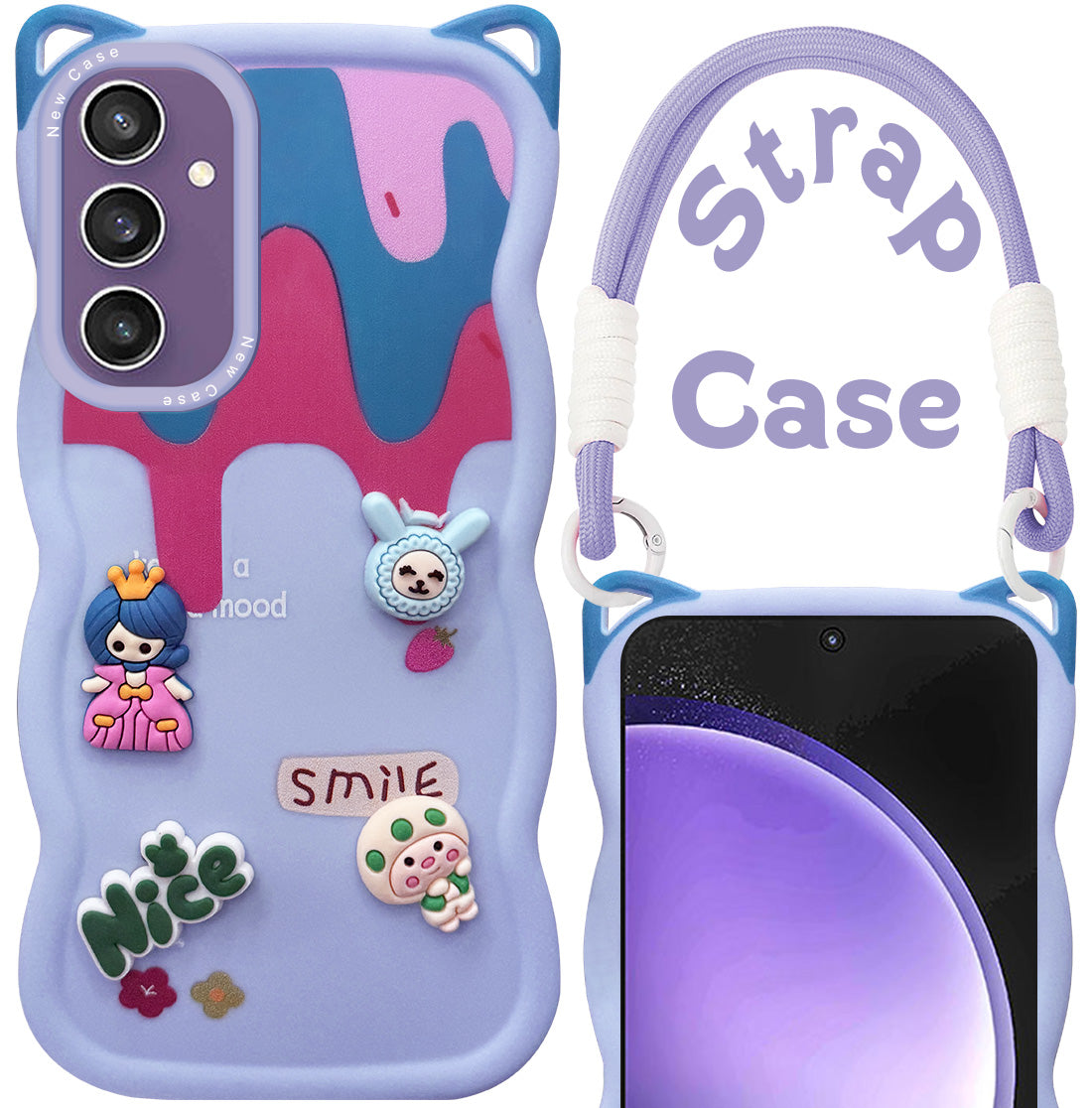 For Samsung Galaxy S23 FE 5G Back Case Cover Strap (3D embossed Figures | Strap Holder | 360* Soft Cushion with Camera Bump)