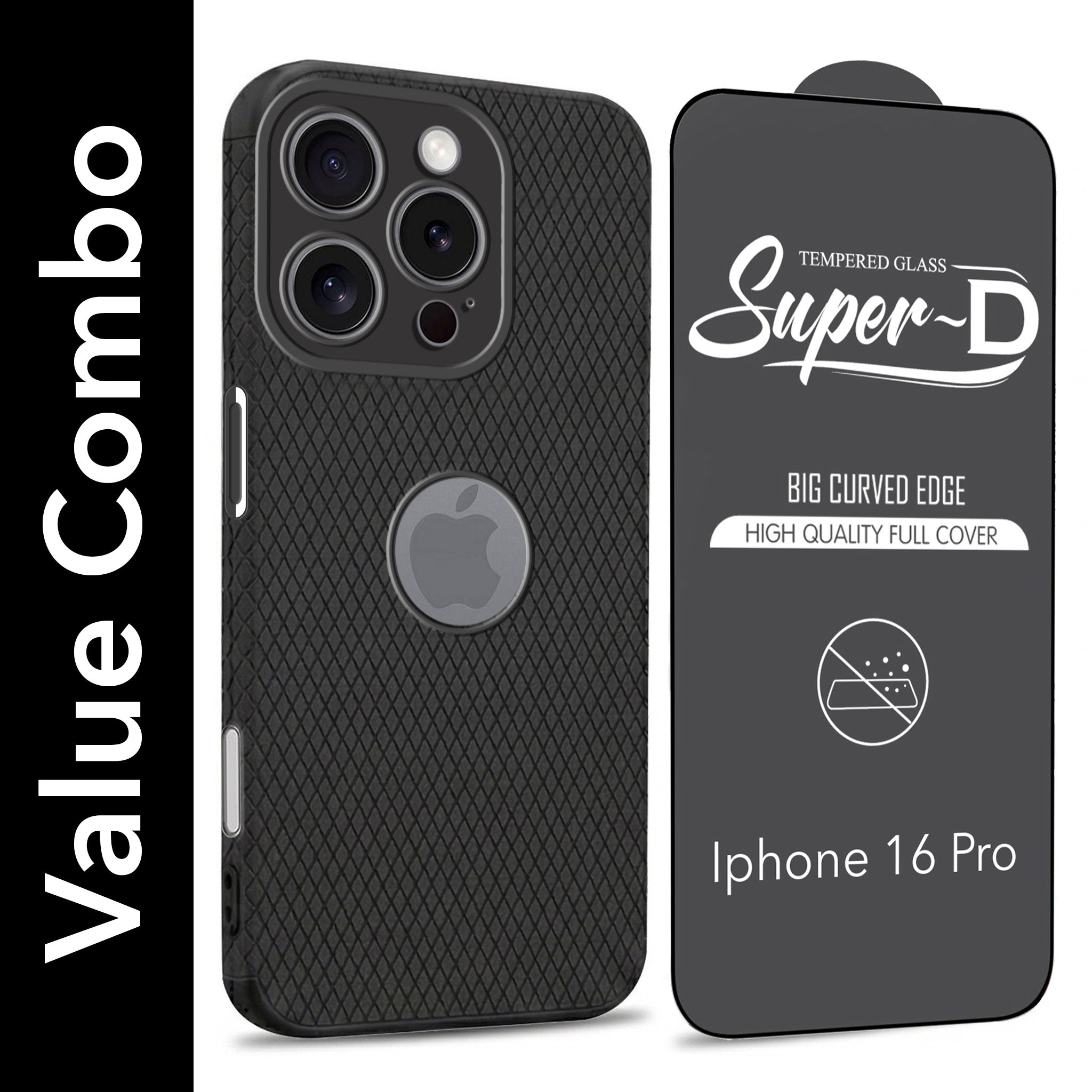 For Apple iPhone 16 Pro Combo with Back Cover and 9H Tempered Glass (Liquid Silicone | Camera Protection | Oleophobic Coating Screen Glass)