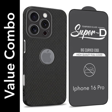 For Apple iPhone 16 Pro Combo with Back Cover and 9H Tempered Glass (Liquid Silicone | Camera Protection | Oleophobic Coating Screen Glass)
