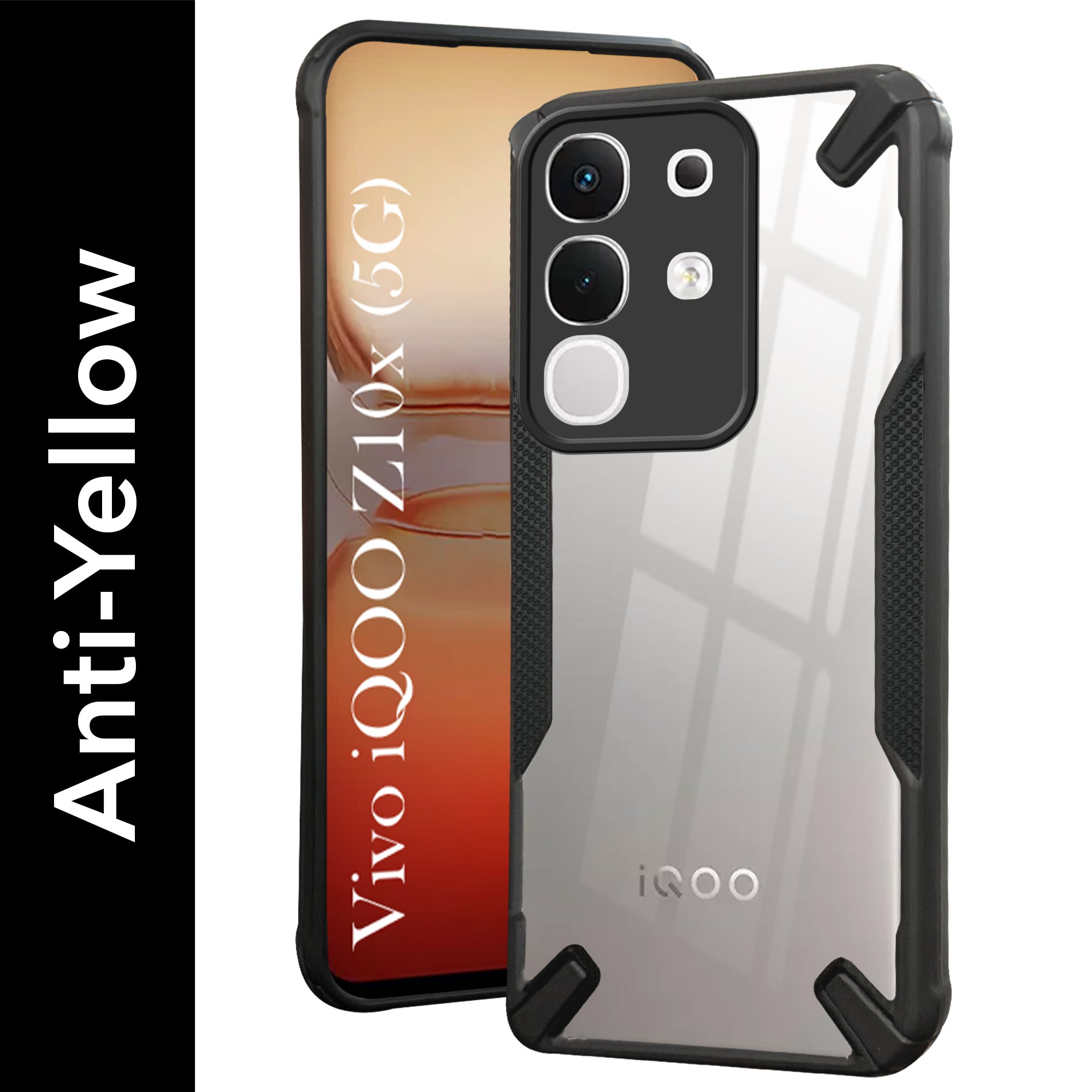 For Vivo iQOO Z10x Back Cover Case (Hybrid Crystal | Ultimate Shockproof Bumpers | Anti Yellow | Rugged Armor | Black )