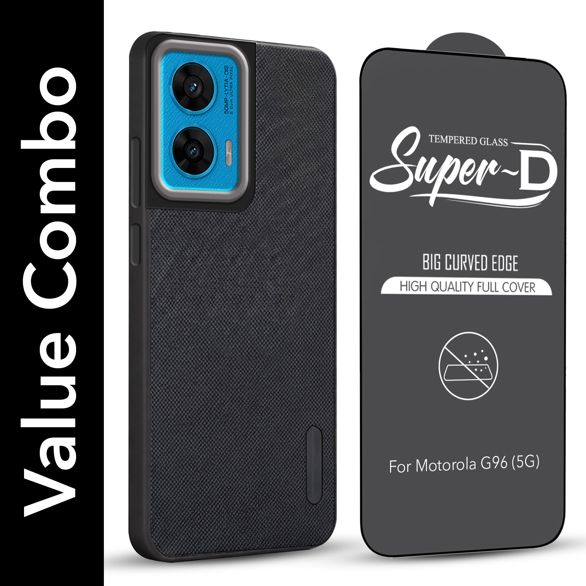 For Motorola Moto G96 Combo with Back Cover and 9H Tempered Glass (Textured Grip Design | Micro-Fiber Cloth Inside | Oleophobic Coating Screen Glass)