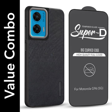 For Motorola Moto G96 Combo with Back Cover and 9H Tempered Glass (Textured Grip Design | Micro-Fiber Cloth Inside | Oleophobic Coating Screen Glass)