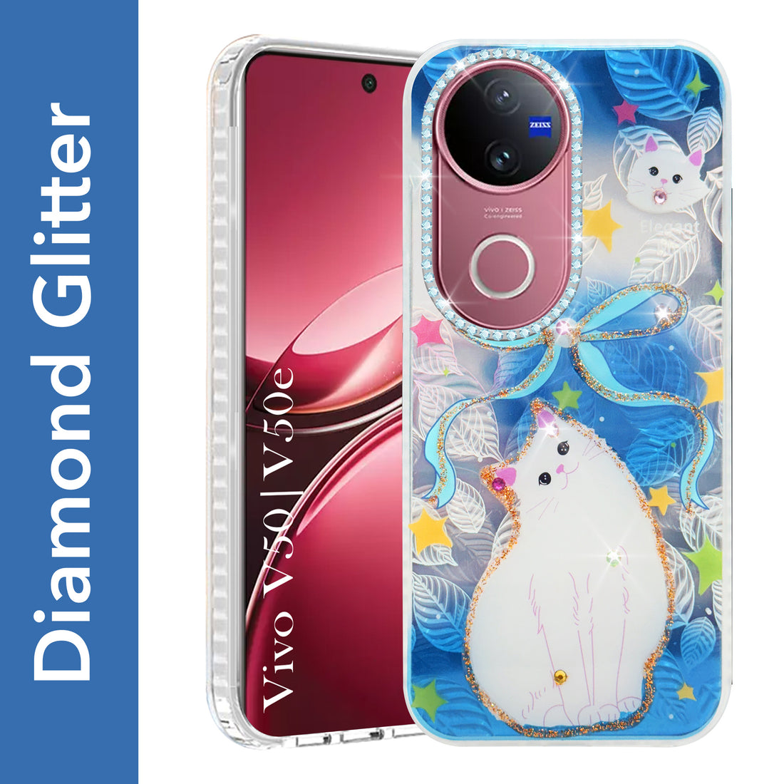 For Vivo V50 | Vivo V50e Back Cover Case (Luxury Floral Glitter Cute Butterfly | Diamond Studded Camera Bump | Girls & Women Design)