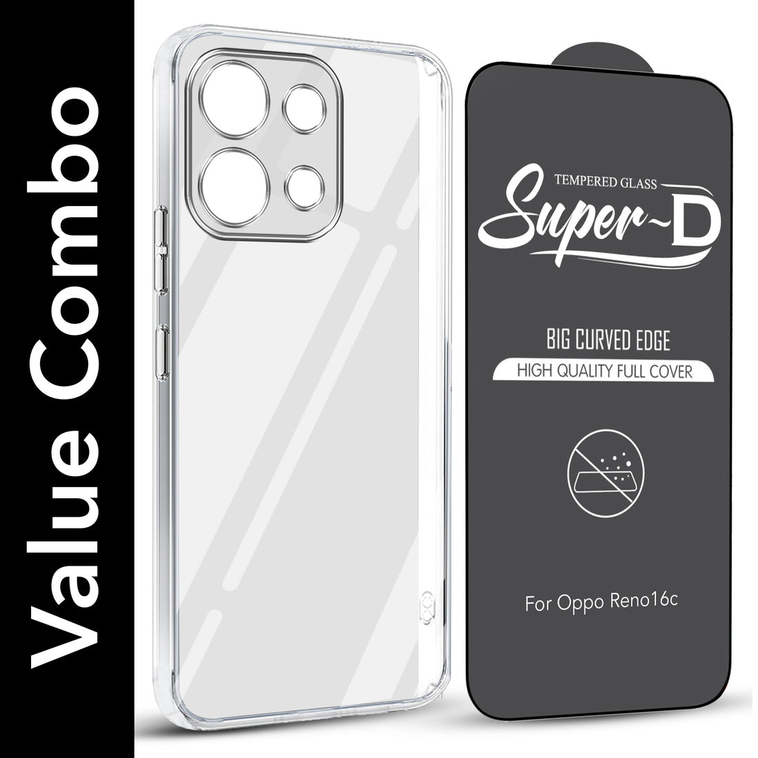 For Oppo Reno 16C 5G Combo with Back Cover and 9H Tempered Glass (Lifetime Anti-Yellow | Sleek Hard Crystal | Oleophobic Coating Screen Glass)