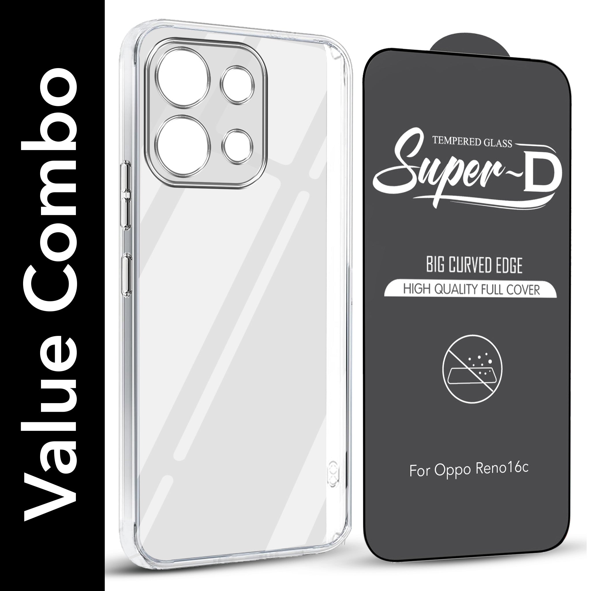 For Oppo Reno 16C 5G Combo with Back Cover and 9H Tempered Glass (Lifetime Anti-Yellow | Sleek Hard Crystal | Oleophobic Coating Screen Glass)